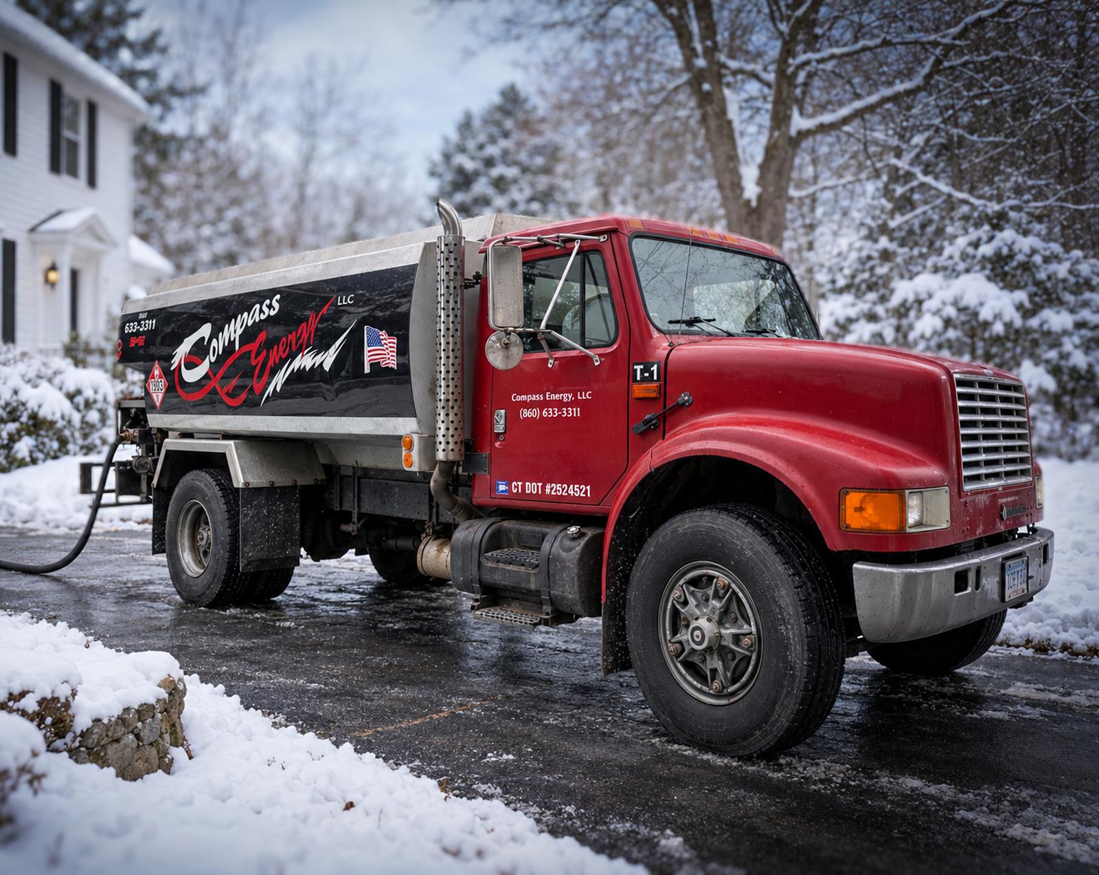 A Compass Energy driver filling a home oil tank in the snow